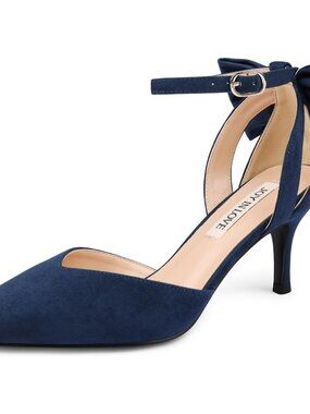 Women's Navy Blue Pumps Kitten Bow Heels Closed Pointed Toe Sandals Ankle Strap